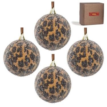 Imagem de Decorações de árvore de Natal feitas à mão com estampa de leopardo marrom, 4 peças, enfeites de bola de 8 cm com detalhes transparentes de mini contas, decoração de casa moderna de luxo pronta para