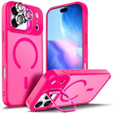 Imagem de YZB Capa projetada para iPhone 17-Pro-Max, rosa choque | Magnética compatível com MagSafe | Suporte integrado e protetor de lente da câmera | Capa traseira antiamarelamento e resistente a arranhões