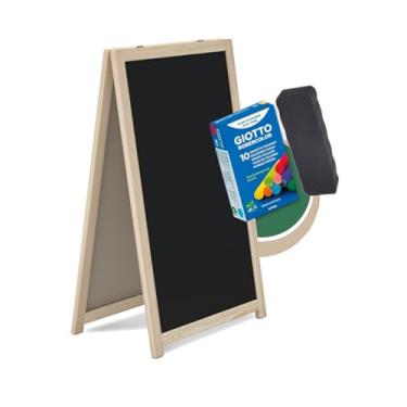 Imagem de Cavalete de Calçada Duplo Madeira Pinus com Quadro Negro 100x60 + Caixa De Giz Colorido e Apagador Ergonômico