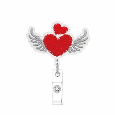 Imagem de Carretel de crachá de coração fofo para enfermeira com design de asas de anjo coração vermelho engraçado clipe de jacaré retrátil carretel de crachá de acrílico para enfermagem, médicos, professores