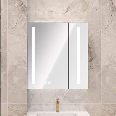 Imagem de SPXMQSS Móvel casa de banho armário espelho, armário espelho casa de banho com luz moderna estilo com prateleiras vidro ajustáveis armário parede casa de banho com anti-nevoeiro atenuação contínua