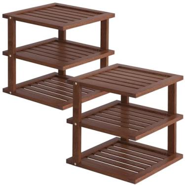 Imagem de Danfoxer Pacote com 2 prateleiras de canto de bambu, organizador de armário de cozinha de 3 camadas para pratos e pratos, armazenamento de despensa e suporte de especiarias (marrom)
