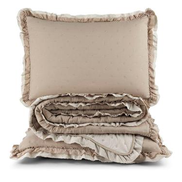 Imagem de Kit Cobre Leito Colcha Vitta Casal Padrão Matelado C/ Babadinhos 200 Fios 3 Peças Bege - 100% Poliéster