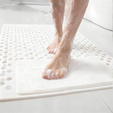 Imagem de Merleu Tapete de chuveiro de banheira com tapete de banho macio para massagem, tapete de banheira antiderrapante com ventosas fortes, tapete de esfregão de silicone para pés de chuveiro (branco, 80 cm
