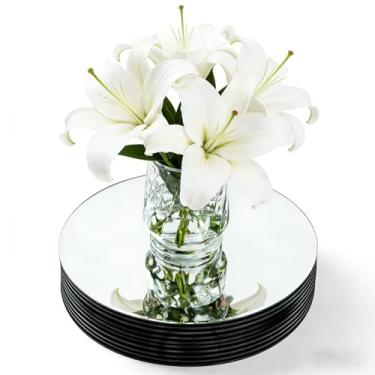 Imagem de Centros de mesa redondos espelhados para decoração de mesas, bandeja espelhada circular de acrílico, placa de vela, decoração de mesa central para decoração de casamento, festa de chá de bebê