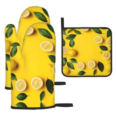 Imagem de Conjunto de cozinha essencial de 3 peças com estampa de limão amarelo, luvas seguras para calor, proteção para churrasco no forno, design de armazenamento suspenso.