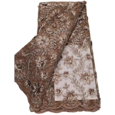 Imagem de Gdsshuhung Tecido de renda africana 5 metros, bordado de lantejoulas 3D em tule com crochê, tecido elegante com glitter para vestidos de noiva, vestidos de festa e projetos de costura de trajes