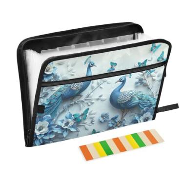 Imagem de Wassud Acordeão de pavão azul organizador de arquivos de papel A4 pastas de arquivo de documentos com etiquetas pasta de arquivo expansível 13 bolsos