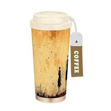 Imagem de YETTASBIN Caneca de café vintage Cowboy com isolamento térmico de 482 g com tampa canudo, copo à prova de derramamento e vazamento com alça para bebida quente e fria, garrafa de água de aço inoxidável