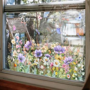 Imagem de 1 folha de flores adesivos de janela buquê floral colorido decoração dupla face adesivos de janela de grama eletrostática primavera borboleta decalques de janelas para escritório casa acessórios de