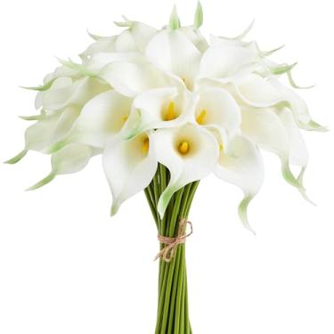 Imagem de AWARDSEN Lírio de calla artificial, 12 peças, flores falsas brancas de toque real para buquê de casamento, chá de noiva, decoração de mesa de cozinha para casa de primavera, lírios falsos para centros