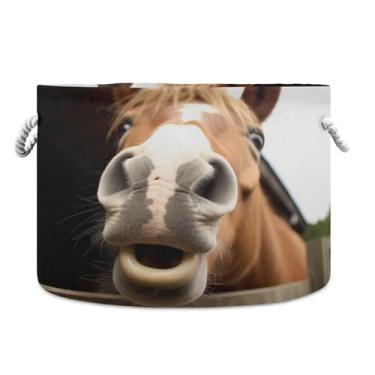 Imagem de Burbuja Cesto de armazenamento redondo de cavalo engraçado com alças de corda de algodão, cesto de roupa suja para cobertores, brinquedos, berçário, decoração de sala de estar