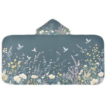 Imagem de Burbuja Wildflowers Birds Toalha de banho com capuz para crianças, toalha de praia de pelúcia macia absorvente para meninas e meninos 3-10 anos, 61 x 127 cm