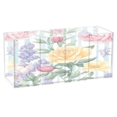 Imagem de Burbuja Porta-canetas de acrílico com flores pastel em listras, 4 compartimentos, suporte de lápis transparente para pincéis de maquiagem, acessórios de mesa de escritório em casa