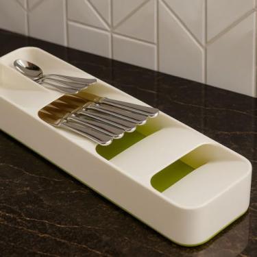 Imagem de Organizador de Gaveta para Talheres, Porta Talheres de Cozinha com Separadores para Facas, Colheres e Garfos, Branco e Verde