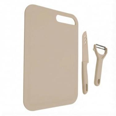 Imagem de Kit Tábua de Corte Plástica com Faca e Descascador de Legumes - Conjunto Utensílios de Cozinha Higiênico, Resistente, Fácil de Limpar - 3 Peças, Bege