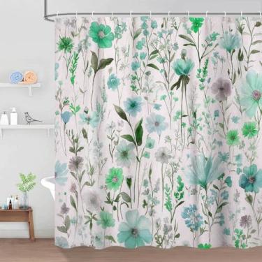 Imagem de Dizifinn Cortina de chuveiro floral, vintage azul-petróleo flor aquarela estilo planta conjunto de cortina de chuveiro boho colorido flores silvestres para banheiro, com ganchos 182 x 182 cm
