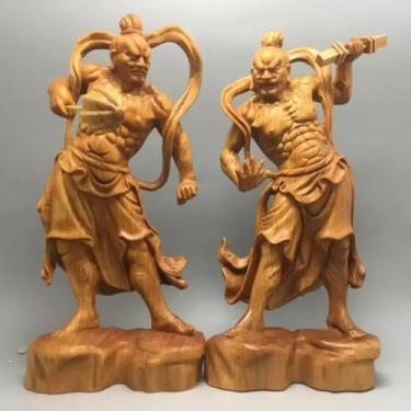 Imagem de FENNYYAR 2 peças Heng Ha Two God Boxwood Feng Shui Escultura em Madeira Estátua de Buda, 13 cm 13 cm, Decoração Auspiciosa Sorte para Escritório em Casa
