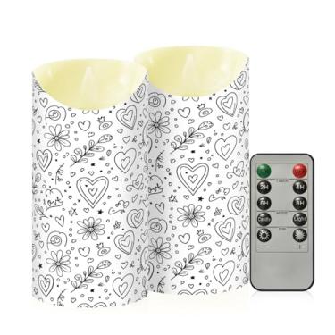 Imagem de Wassud Pacote com 2 velas sem chama com arte de coração dos namorados com controle remoto, velas realistas cintilantes com temporizador, velas decorativas para Natal, casamento, festa, decoração de