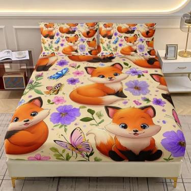 Imagem de AILONEN Jogo de lençol infantil casal com estampa de raposa kawaii, floral, borboleta, animal, estampa de raposa laranja fofa + 2 fronhas, 3 peças