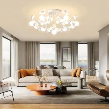 Imagem de Luminária de teto E27 moderna para decoração de mesa de jantar, lustre de cristal acrílico branco em formato de pétala, ideal para sala de jantar, quarto, cozinha, ilha de cozinha e sala de