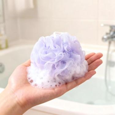 Imagem de 1 esponja de bucha de chuveiro, esfregão corporal esfoliante de bucha de 4 cores, bolas de pufe de chuveiro de malha para sabonete líquido, ferramenta de acessórios de banho de limpeza macia (roxo)