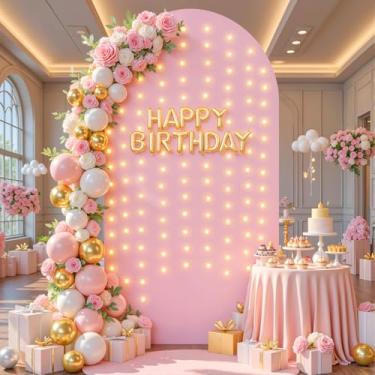 Imagem de Capa de fundo de arco rosa bebê de 1,8 m com cordão de luzes, capas de arco de casamento, pano de fundo elástico, festa, chá de bebê, chá de panela, foto, aniversário, fotografia, fundo, suporte de