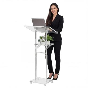 Imagem de Suporte de pódio de acrílico portátil, 56 cm C x 33 cm L x 114 cm A pódio com rodas bloqueáveis, púlpitos de altura ajustável com prateleira de armazenamento para igrejas, sala de aula, casamentos