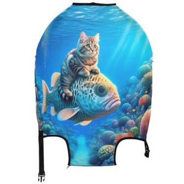 Imagem de Joisal Lindas capas de mala de gato e peixe, azul, protetor de bagagem, acessórios de viagem para mulheres, capa de terno, Gato fofo, peixe, azul, M, Fits 22-24 Inch Case, Capa de mala