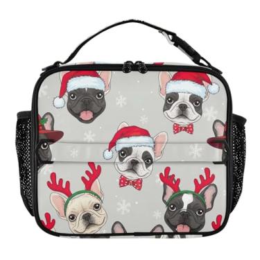 Imagem de Joisal Lancheira fofa de Natal buldogue francês cinza meninas mulheres lancheira infantil masculina lancheira para trabalho lancheira térmica com alça de ombro ajustável