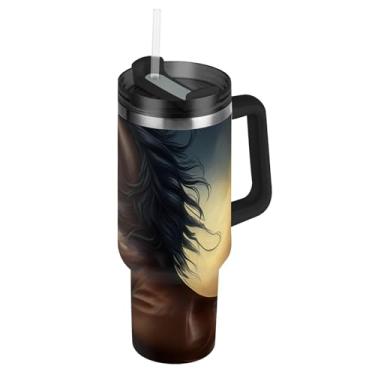 Imagem de Joisal Copo com alça copos de aço inoxidável de 850 g com tampa e canudo garrafas de água isoladas fofas à prova de vazamento, caneca de café quente para carros majestoso cavalo marrom dinâmico