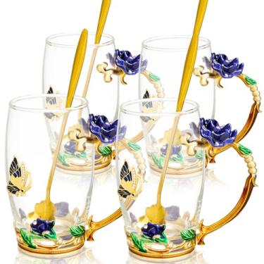 Imagem de Tioncy 4 conjuntos de presentes para mulheres mãe dia das mães esmaltes borboleta flor xícara de chá de vidro rosa chique xícaras de chá flor caneca de café com colher conjunto de presente de