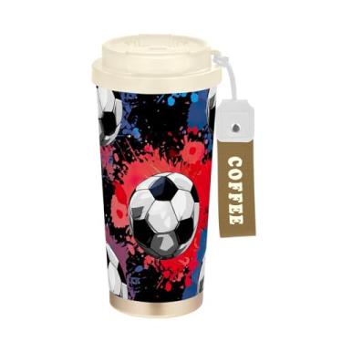 Imagem de TSENQUE Caneca de café de viagem 40 ml com canudo e tampa, copo de parede dupla isolado a vácuo com revestimento cerâmico, bolas de futebol, azul, vermelho, preto