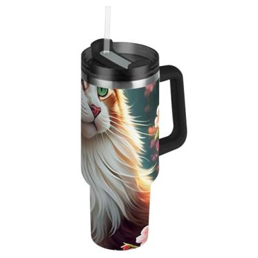 Imagem de Joisal Copos de aço inoxidável com tampa e canudos fofo gato marrom floral caneca de café quente para carros copo à prova de derramamento com alça garrafa de água isolada de 850 g