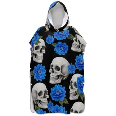 Imagem de Joisal Poncho de surfe trocador de roupão adultos toalha de banho com capuz reutilizável unissex adulto poncho com capuz crânios humanos flores azuis