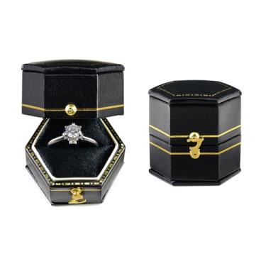 Imagem de TAIMY Caixa de anel de casamento estilo vitoriano clássico, caixa de anel de presente feita à mão tamanho de bolso pequena caixa de joias de lembrança (preta, hexágono)