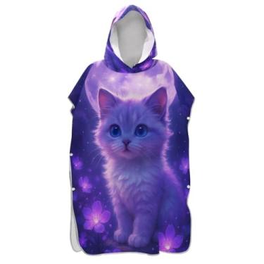 Imagem de TSENQUE Poncho de toalha de praia com capuz de secagem rápida para adultos lindo gato flor roxo roupão para spa de praia, tamanho único
