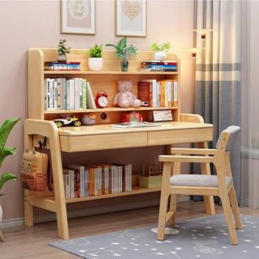 Imagem de HGTRH Mesa D'éTude Pour Adultes/ÉTudiants, Bureau D'éCriture Avec Tiroirs et Niche, Bureau D'Ordinateur en Bois De ChêNe Massif Pour Petit Espace De Bureau à Cor de Madeira Domicile 106 x 60 x 123 cm