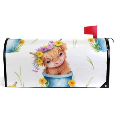 Imagem de TSENQUE Capas decorativas para caixa de correio magnética, envoltórios de caixa de correio de vinil, fazenda, decorações de caixa de correio ao ar livre, desenho animado de vaca das terras altas