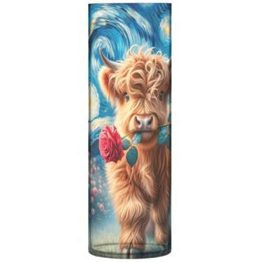 Imagem de Noite estrelada highland vaca rosa cilindro vasos de flores para buquê vaso de plástico grande personalizado bonito impressão moderna decoração de quarto, 30 cm x 9,9 cm