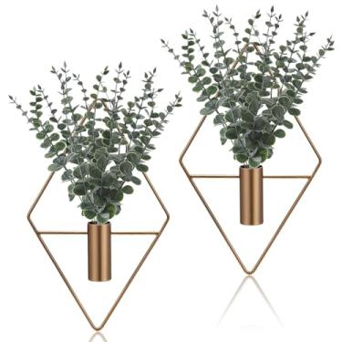 Imagem de Jexine Vaso suspenso de metal artificial de eucalipto, suporte para plantas internas, geométrico, moderno, boêmio, banheiro, decoração de parede para sala de estar, escritório em casa (Bronze, 4 peças