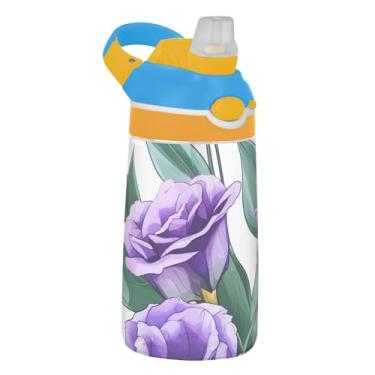 Imagem de Garrafa de água esportiva infantil chique flores brancas e roxas para escola, 473 ml, 473 ml, garrafa de água Tritan com canudo, copo portátil à prova de vazamento, alça de transporte