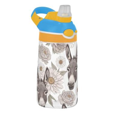 Imagem de Garrafa de água infantil de 473 ml com tampa de palha, garrafa de água esportiva Tritan de 473 ml à prova de vazamento, copo infantil reutilizável portátil, alça de transporte, flores de burro cinza