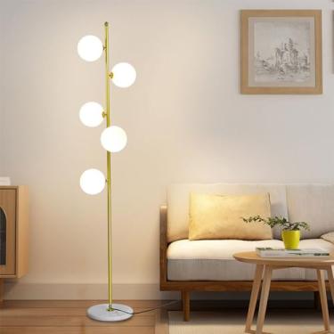 Imagem de Luminária de chão moderna com 5 bolas, vidro branco fosco, luminária vertical criativa com múltiplas lâmpadas, estilo nórdico minimalista, luz suave, ideal para leitura em salas de estar e q