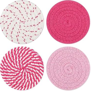 Imagem de Conjunto de 4 peças de porta-copos de tecido para copos, porta-copos absorventes de fibra natural com design minimalista boho, tapete de mesa protetor para decoração de mesa de escritório em casa