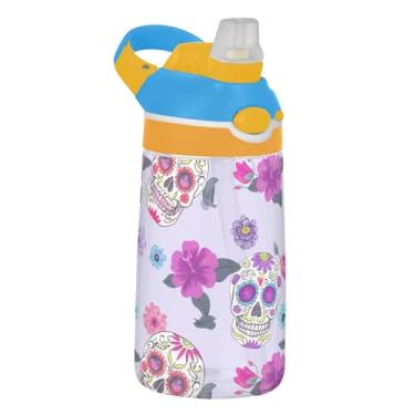 Imagem de Garrafa de água infantil Tritan de 473 ml com tampa de palha, garrafa de água esportiva reutilizável para escola, à prova de vazamento, copo infantil de 473 ml, alça de transporte, crânio de açúcar
