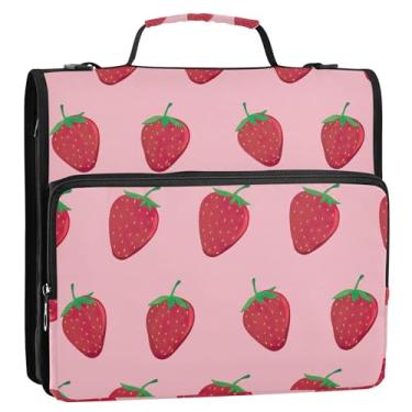 Imagem de Fichários fofos de morango rosa com 3 anéis, anel D de 3,8 cm, fichário com zíper, fichário organizador com alça, bolsa de ensino médio, vários bolsos, pasta grande para portfólio