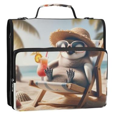 Imagem de Relax Penguin Summer Vibes fichários de 3 cm com 3 anéis resistentes com zíper organizador de fichários escolares bolsa com alça de ombro, suporte para 500 folhas