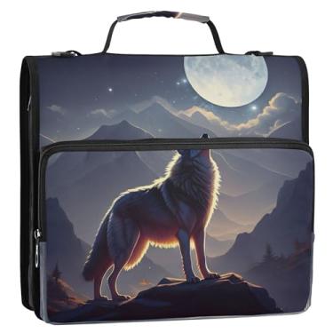 Imagem de Fichários divertidos de 3,8 cm, 3 anéis, resistente, lobo, montanha, noite, lua, organizador com zíper, portfólio, comporta 500 folhas com alça de ombro para escola