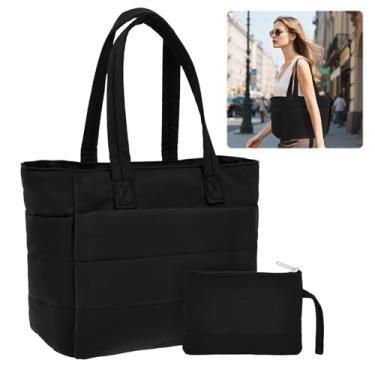 Imagem de YLMFTNU Bolsa feminina acolchoada com 2 peças, bolsa leve e fofa com compartimento e zíper, bolsa de ombro acolchoada, bolsa de mão acolchoada de grande capacidade para trabalho, viagem, academia